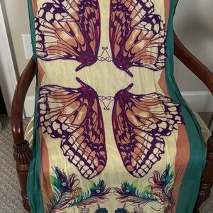 Butterfly Print Scarf with Green Border